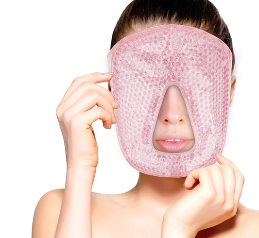Hot and Cold Therapy Gel Bead Full Facial Mask by  Care | Ice Face Mask for Migraine Headache, Stress Relief | Reduces Eye Puffiness, Dark Circles | Fabric Back (Full Face W/O Eye Holes Pink)